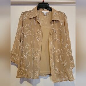 Moonlight Bay 2 piece cami and sheer, tan button up embroidered flowers